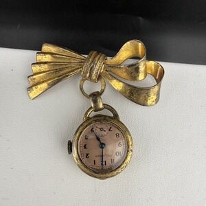 Vintage Helbros Brooch Watch Gold Tone Gold Filled Bow Untested